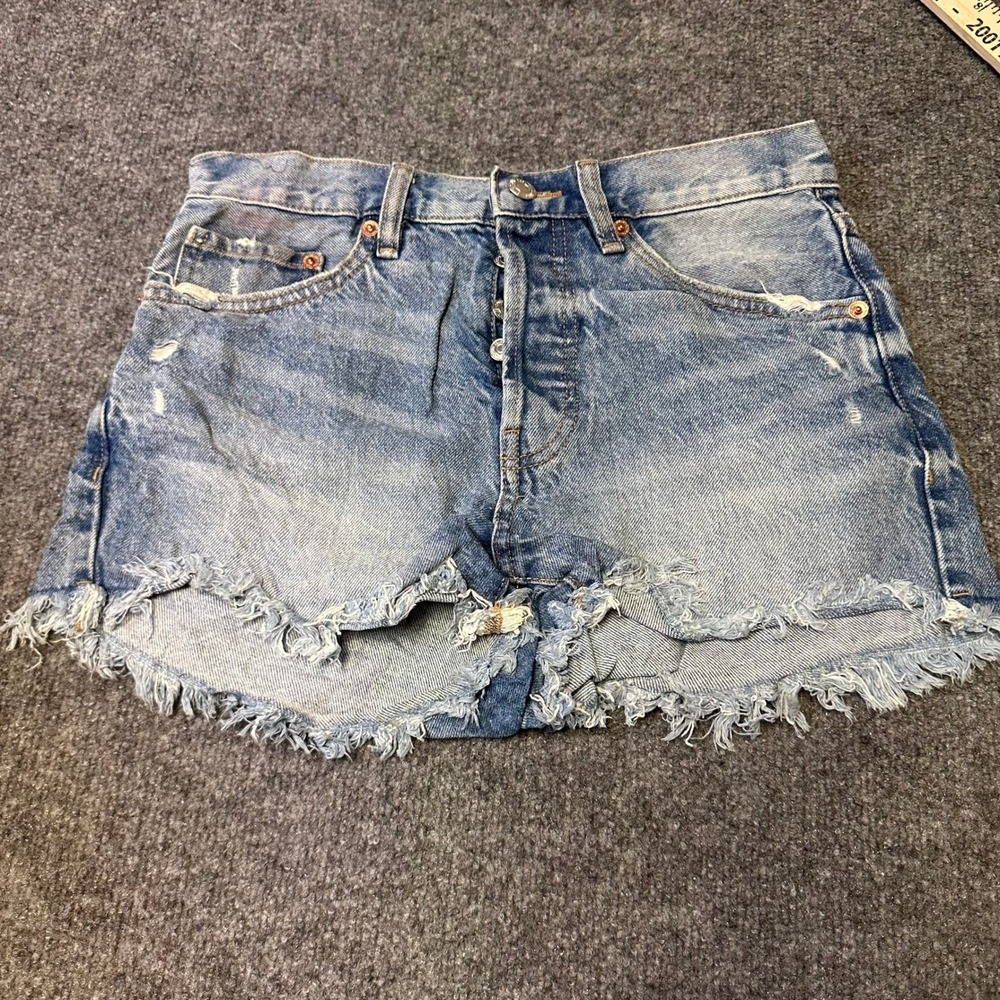 MNG Shorts Womens Size 2 Blue Distressed Raw Hem Denim Button Fly Casual Cut-Off